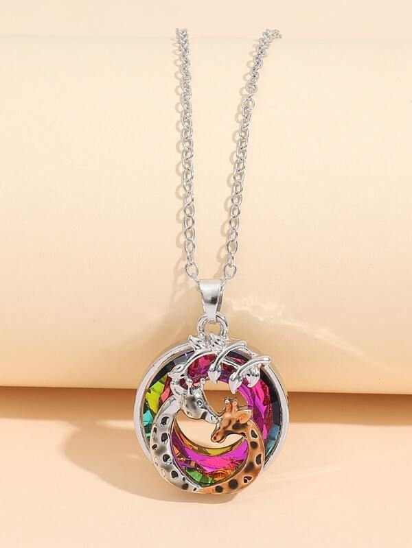 Rhinestone Decor Giraffe Pendant Necklace