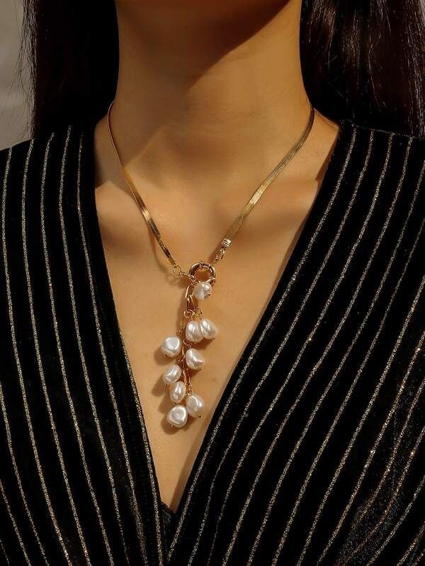 Faux Pearl Decor Y Lariat Necklace