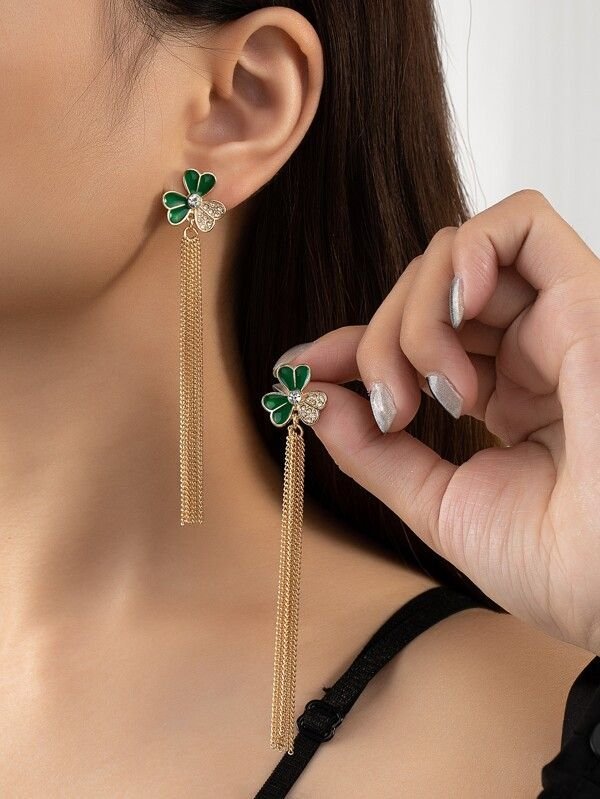 Rhinestone Clover Decor Drop Earrings